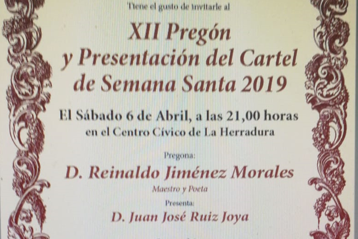 El poeta Reinaldo Jimnez Morales pregona este sbado la Semana Santa de La Herradura 2019